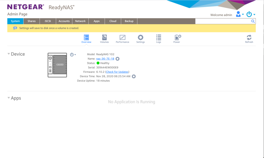 Interface Web d'administration du Netgear ReadyNAS 102