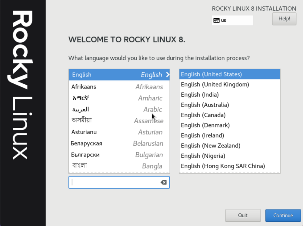 Rocky Linux Installation, choix de la langue